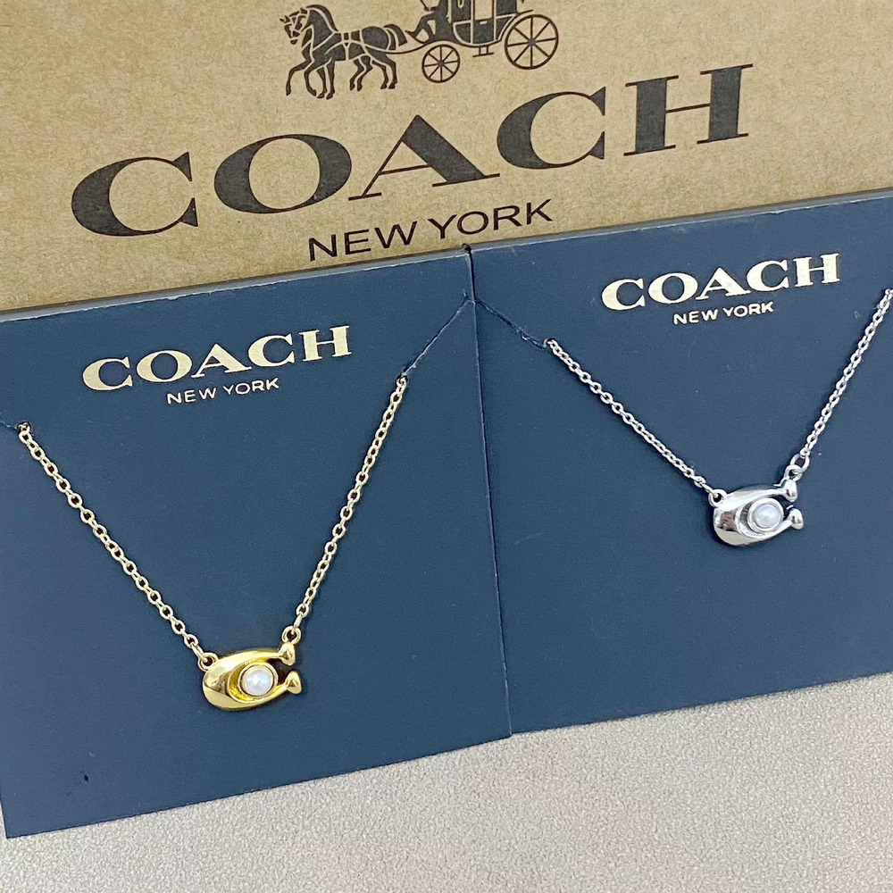 Coach Soft Pearl Inlay Letter Shape Polished Metal Necklace